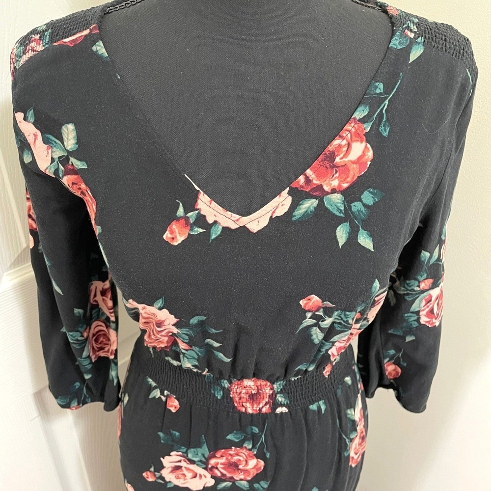 Forever 21 Black Floral Rose Print V-Neck Smocked Waist Maxi Dress S Cottagecore - Picture 3 of 14